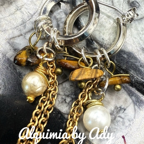 Chic Chain Hoop Earrings with Pearl and Tiger Eye - Picture 2 of 2